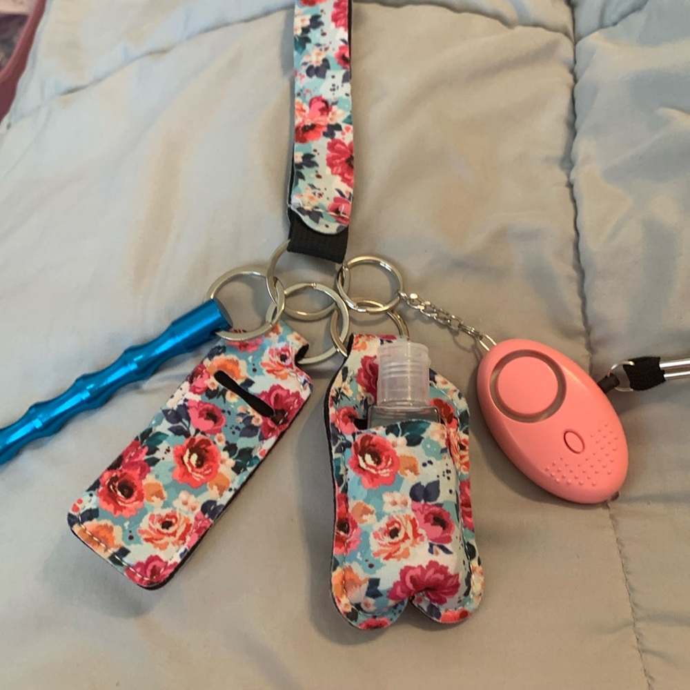 Blue Self-defense with pink and peach flowers